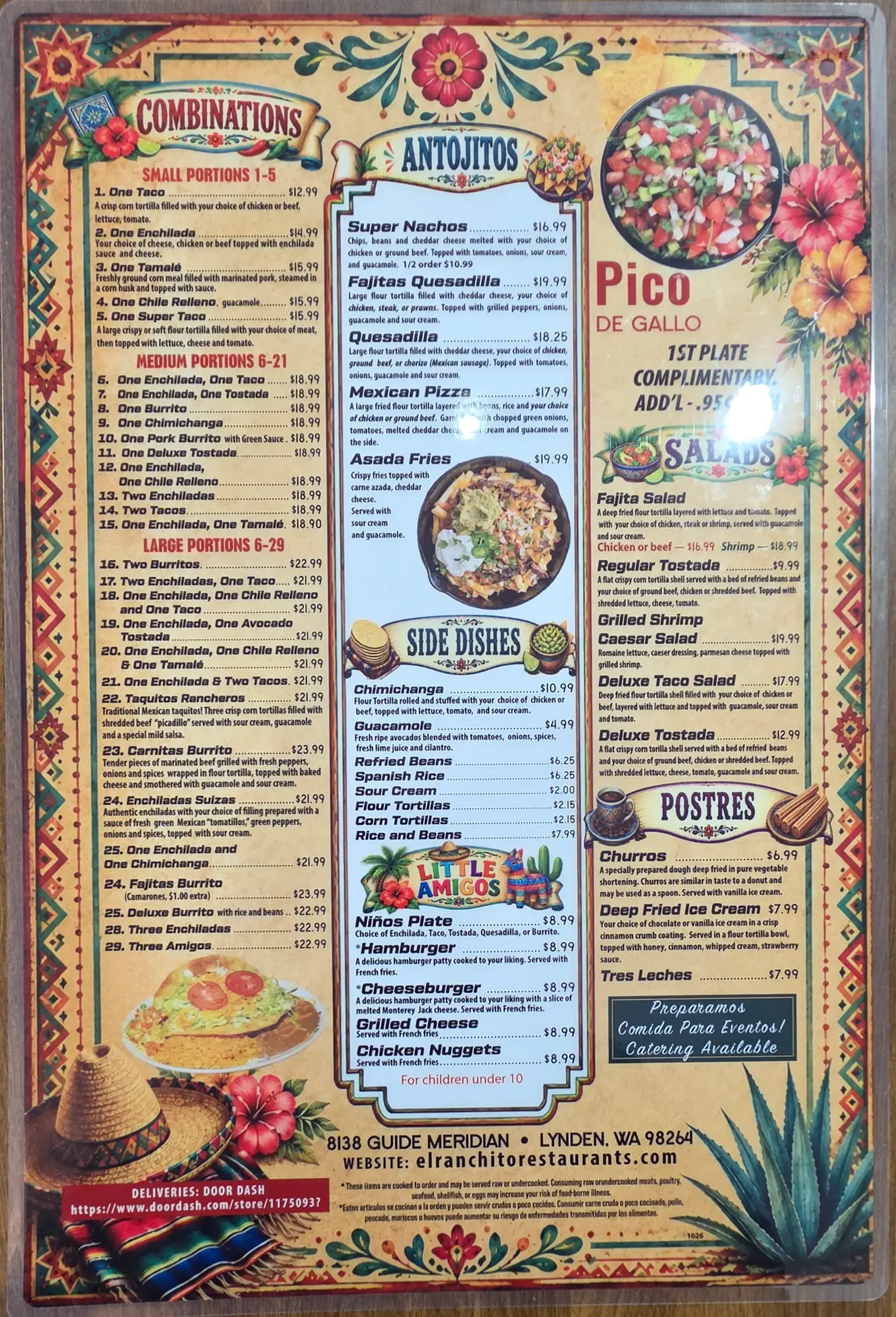 El Ranchito Dinner Menu Back Page